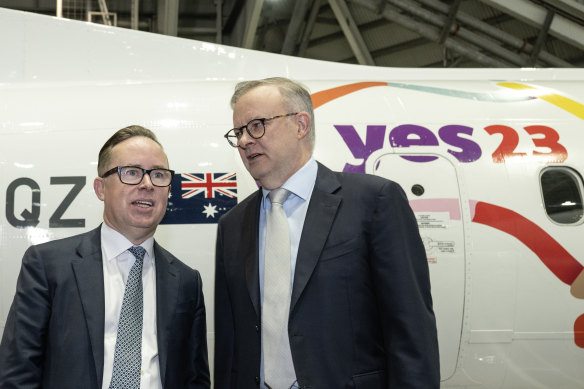 Alan Joyce and Anthony Albanese at the Qantas unveiling of its Yes logo this week.