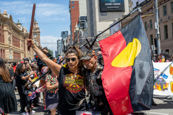 Lidia Thorpe taking part in Melbourne’s Invasion Day rally on January 26.