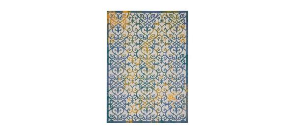an ivory rug with blue and yellow swirls on it