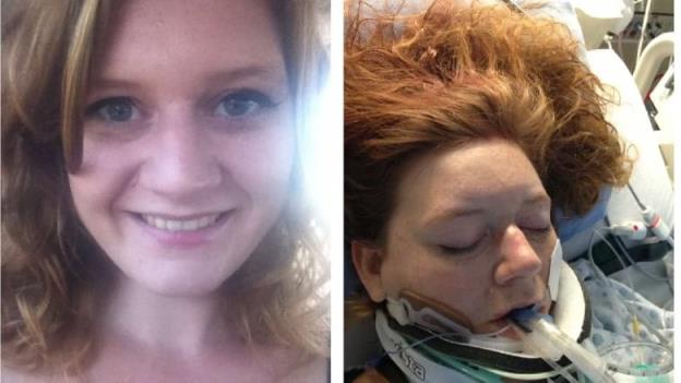 Two images appear side-by-side of a woman with red hair. In one photo, she is smiling. On the other, she is on a ventilator in hospital.