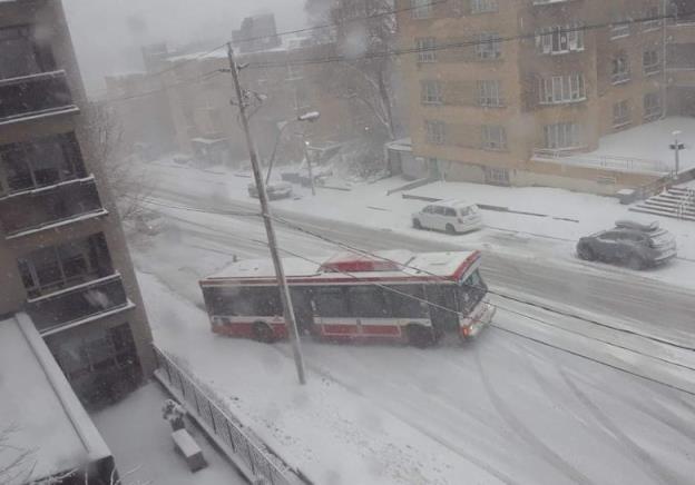 A TTC bus slides in snow.