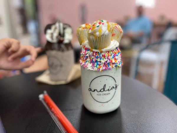 Andia’s Homemade Ice Cream serves Instagrammable milkshakes, including this one called the Batter Up that’s made with cake batter ice cream, whipped topping and rainbow sprinkles. It’s topped with three mini cupcakes and a caramel drizzle.