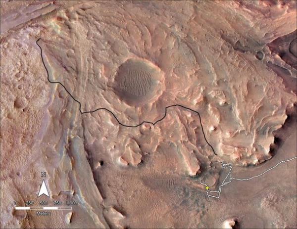 This map shows the planned route NASA's Perseverance Mars rover will take across the top of Jezero Crater's delta in 2023